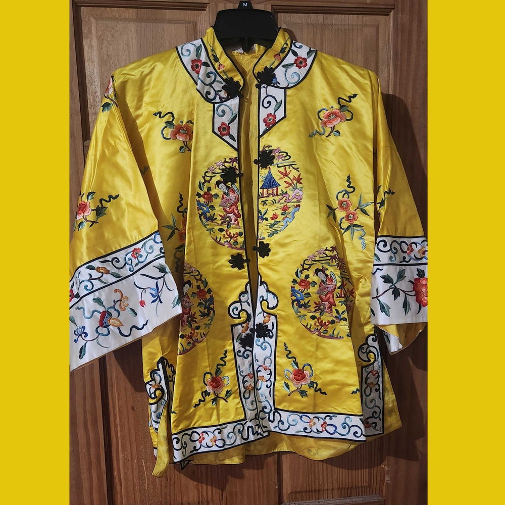 Bai Hua Vintage Royal Yellow Silk Traditional Chinese Embroidered Jacket Size L